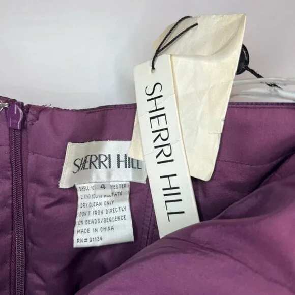 NWT SHERRI HILL Plum Colored Beads/Sequins Short Tulle Skirt Sweetheart Dress 4‎